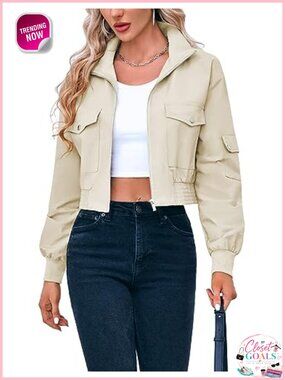 Women's Cropped Bomber Jacket Lightweight Zip Up Short Coat